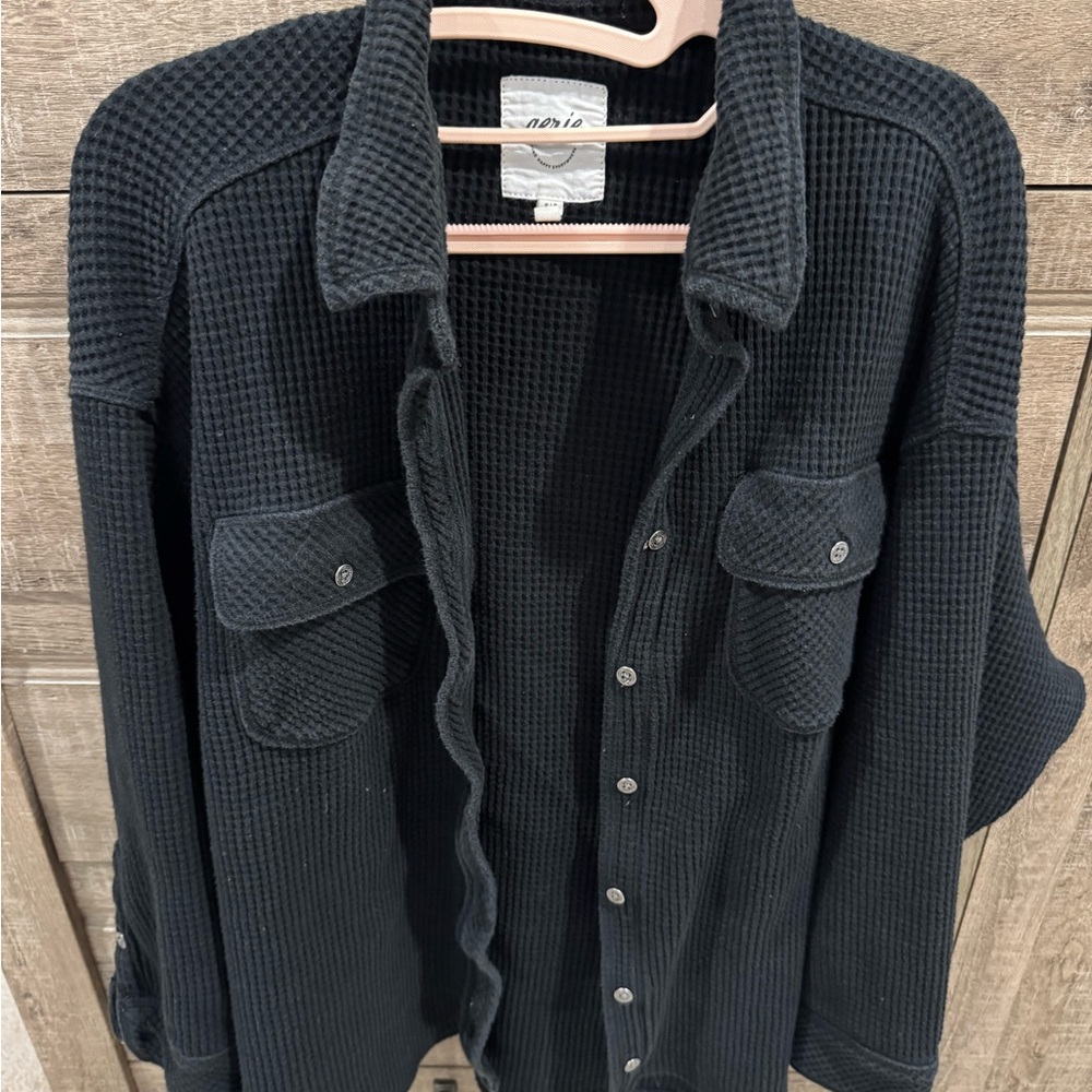Aerie Black Waffle Knit Button Up